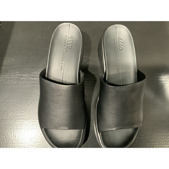 Ecco Flowt Black Leather Wedge Slides Size 7-7.5M / NWB - Picture 2 of 5
